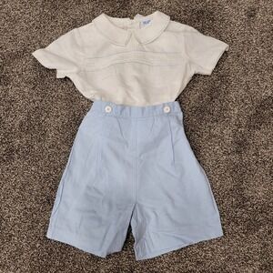 Luli & Me Boys 24M Smocked Bobby Suit Set White Blue Linen Cotton 2pc Outfit
